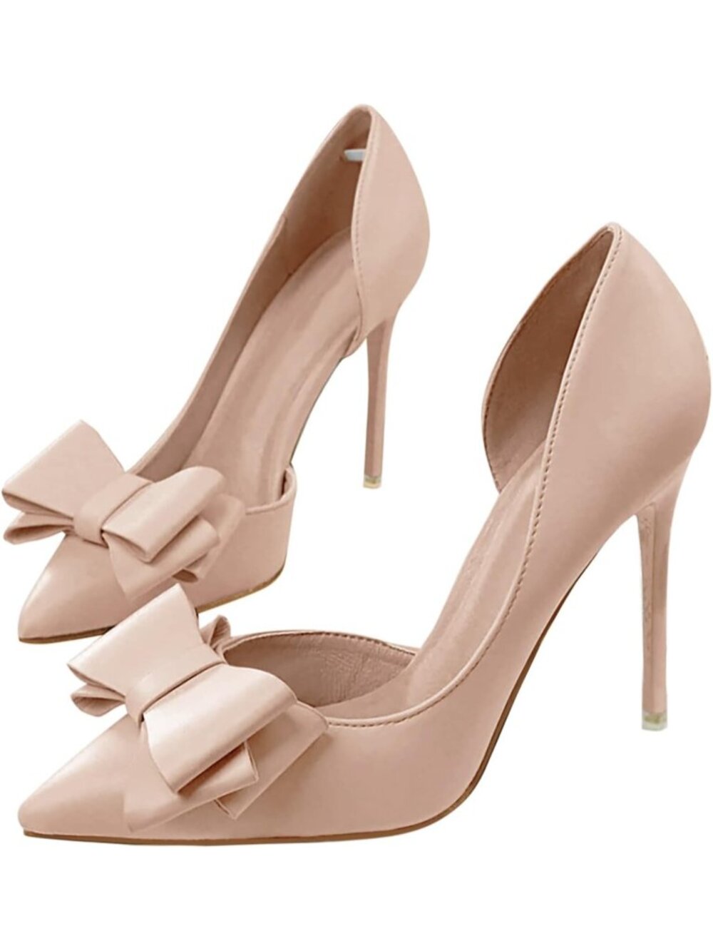Women's Nude Bow Heels Closed Pointed Toe Dress Shoes Stiletto Slip on Pump